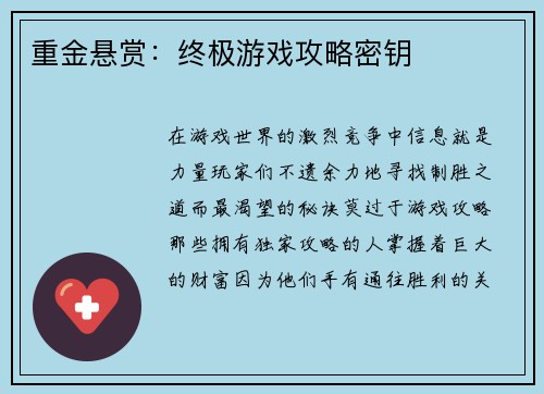 重金悬赏：终极游戏攻略密钥