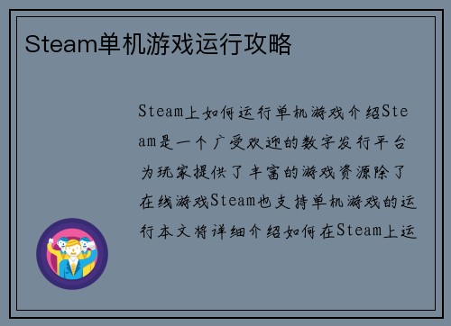 Steam单机游戏运行攻略