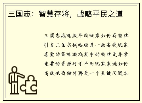 三国志：智慧存将，战略平民之道