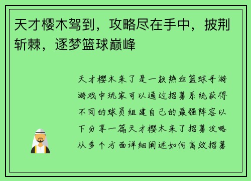 天才樱木驾到，攻略尽在手中，披荆斩棘，逐梦篮球巅峰