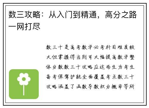 数三攻略：从入门到精通，高分之路一网打尽